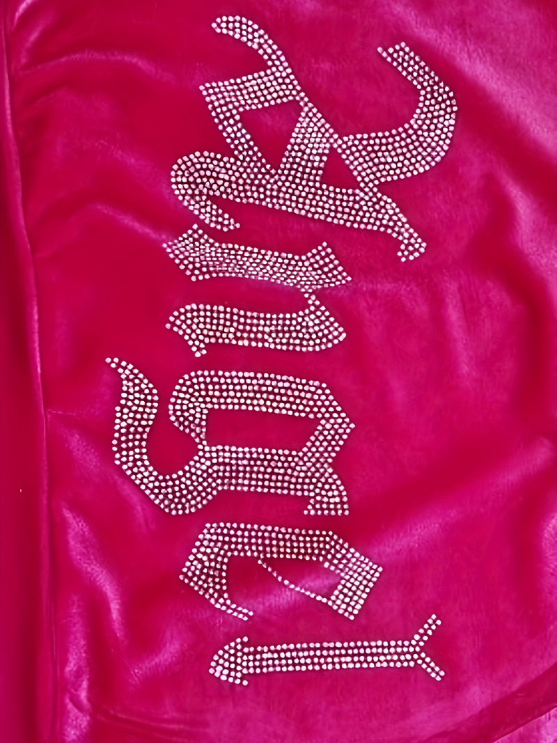 Women’s Fashion Golden Velvet Hot Drilling Zipper Cardigan Pants Combination Suit.