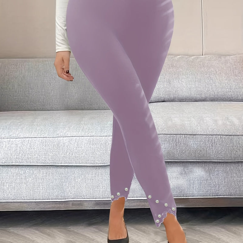 Women’s Elegant Solid Color Plus-Size Pants with Pearl Lace Trim.