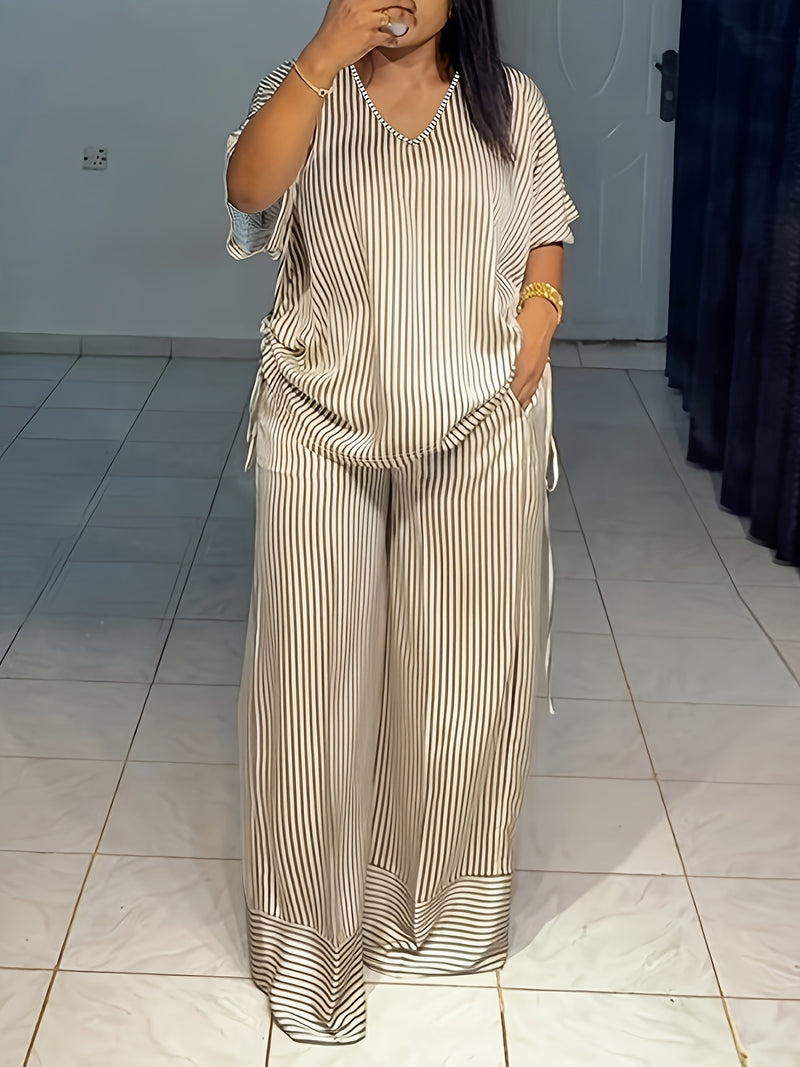 Women's New Casual Loose V-Neck Striped Short Sleeve Top and Wide Leg Pants.