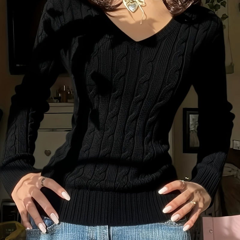 Women's Slim-Fit V-Neck Cable Sweshirt.
