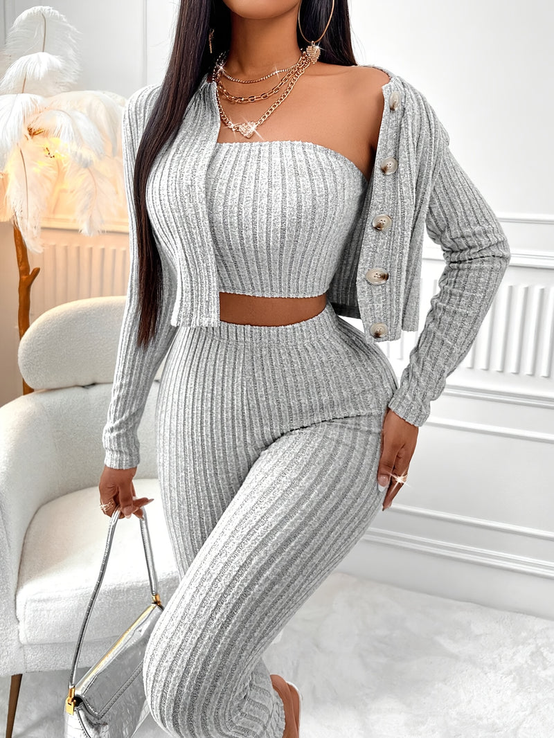 Women’s Solid Color Tube Top and Front Button Jacket and Leggings 3pcs Set.