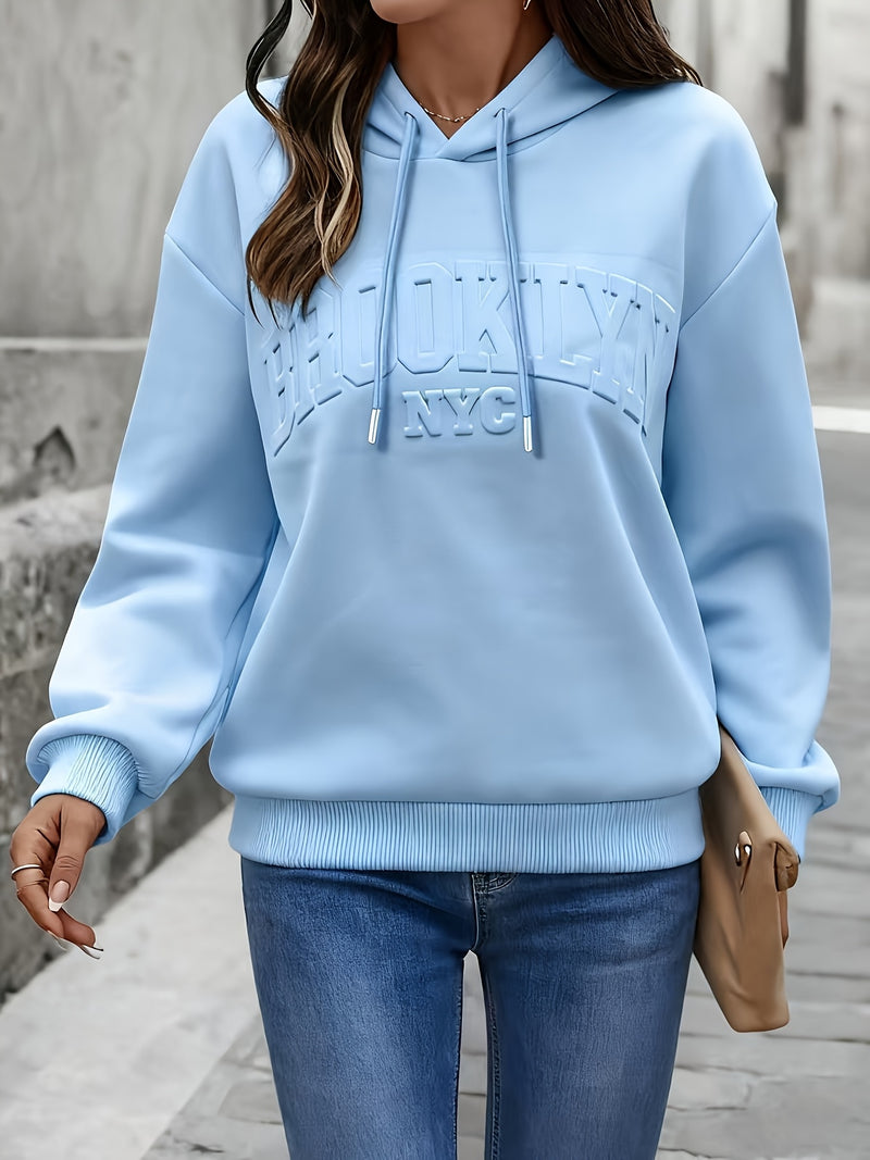 Women's Letter Embossed Print Flat Pullover Hoodie.