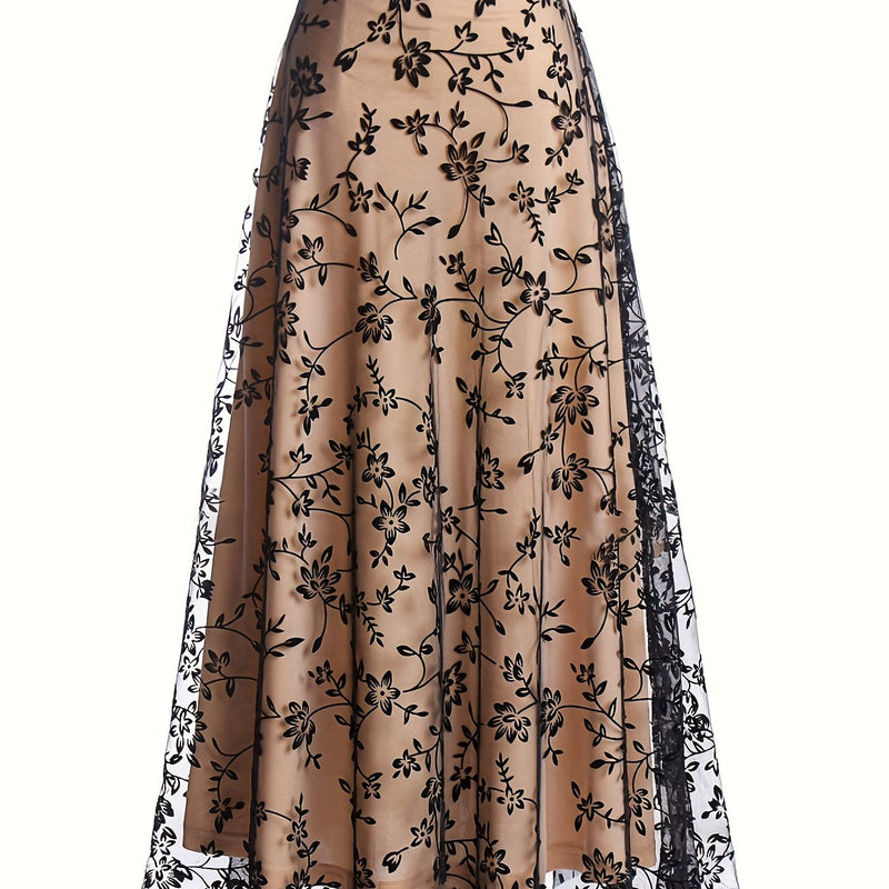Elegant New High-Waisted Mesh Embroidered Skirt Loose A-Line Dress for Women.