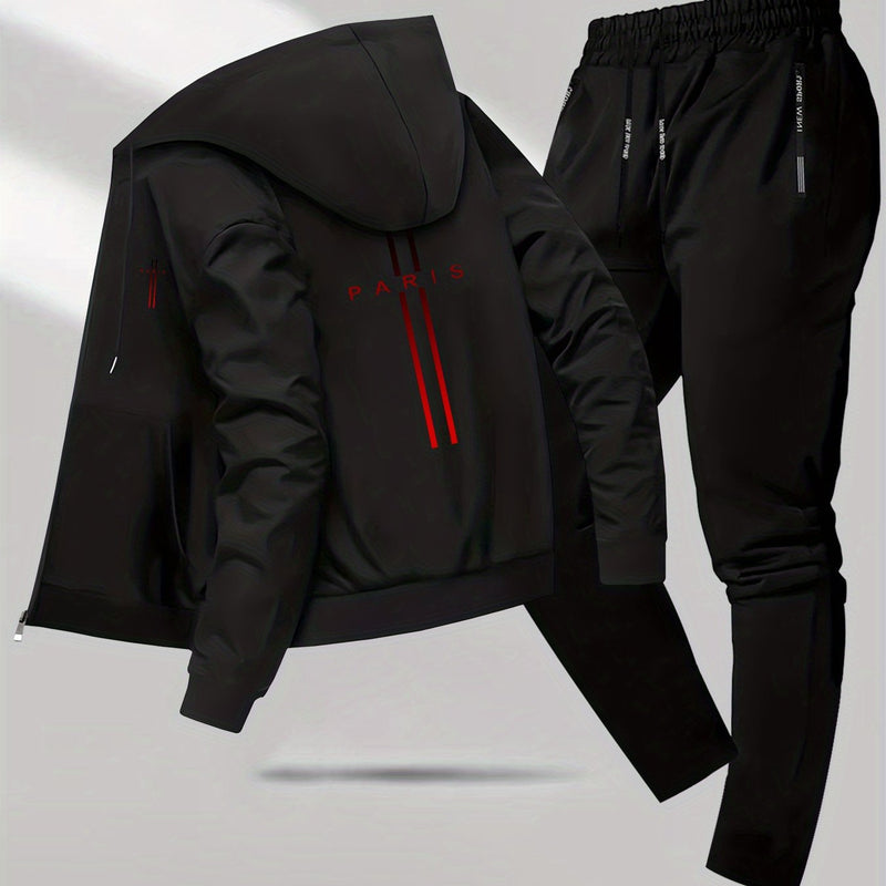 Men's 2pcs Slim-Fit Winter Jacket & Pants Suit with Paris Lettering.