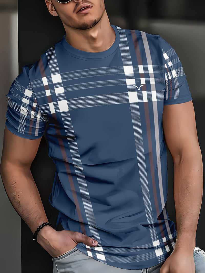 Men’s Navy Blue Plaid Fashion T-shirt.
