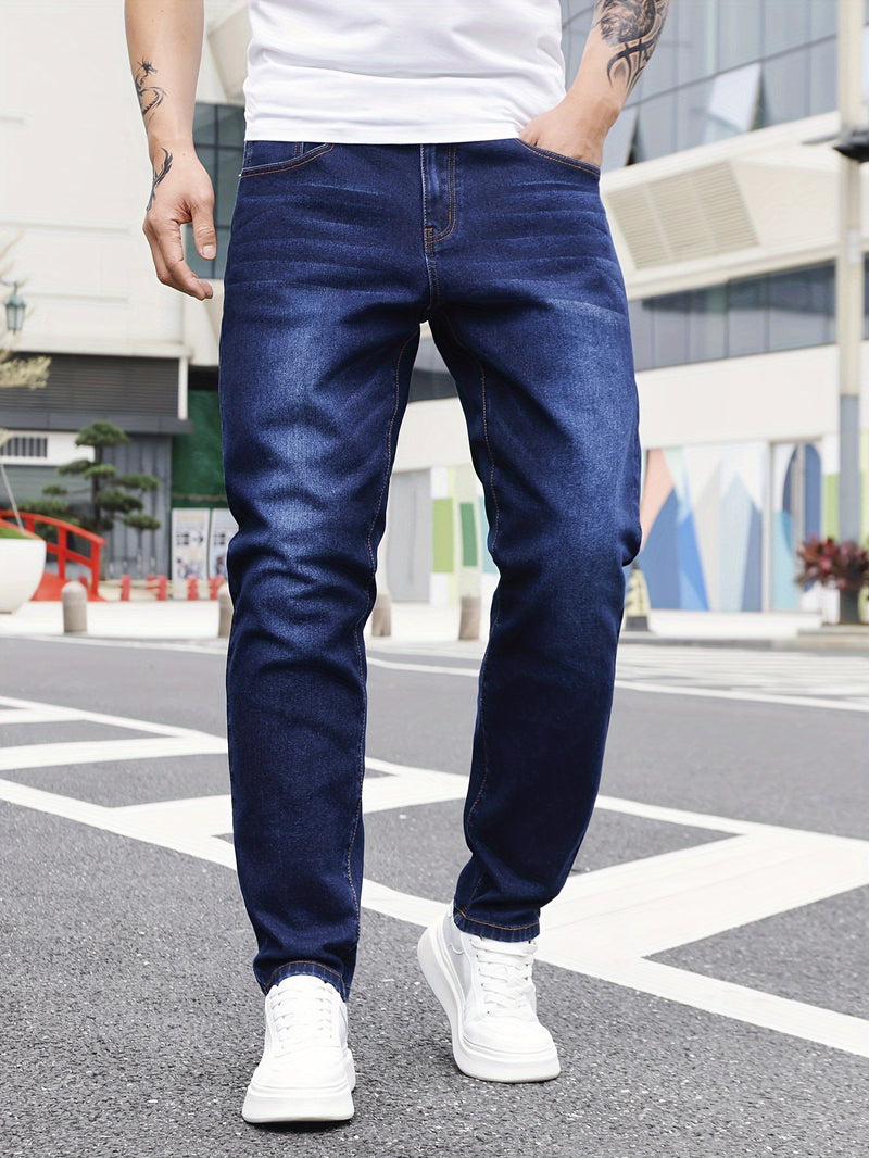 Men's Casual Washed Denim Jeans, Straight-leg pants.