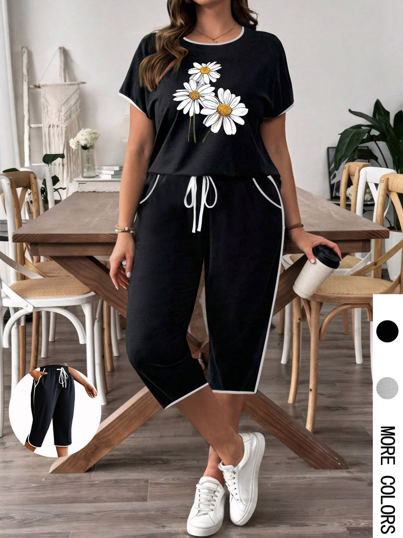 Women's Outfit Featuring a White Round-Neck Short-Sleeve T-Shirt.