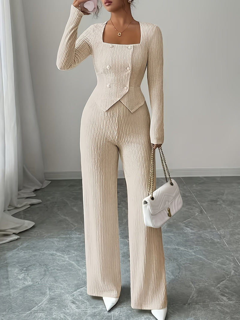 Women's Elegant Button-Up Long Sleeve Square Neck Pants Set.