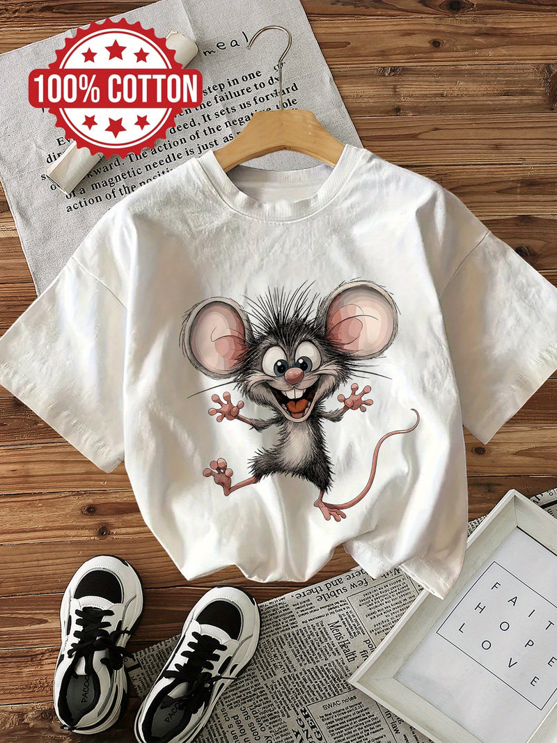 Women's Cotton Cartoon Mouse Graphic Print T-Shirt.