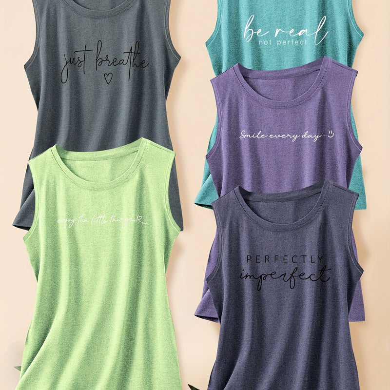 5pcs Women's Vest Tops with English Letter Print.