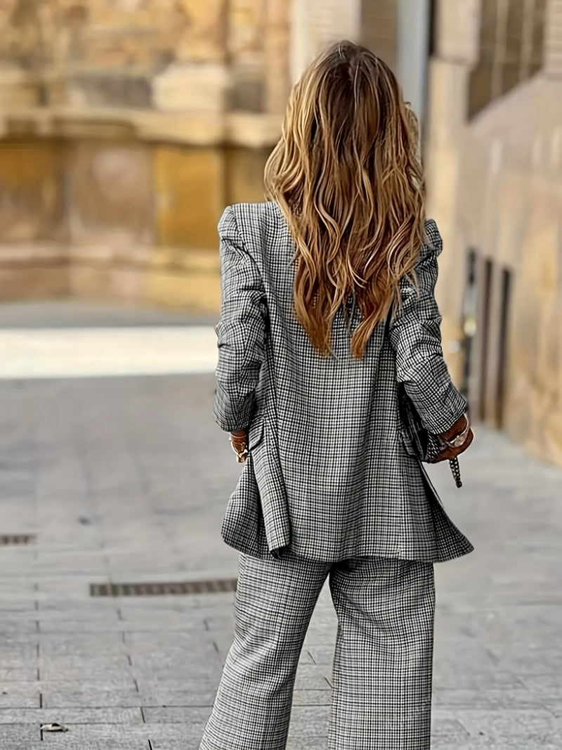 Women's Product: Lined Plaid Suit Jacket Top + Plaid Wide-Leg Pants Suit.