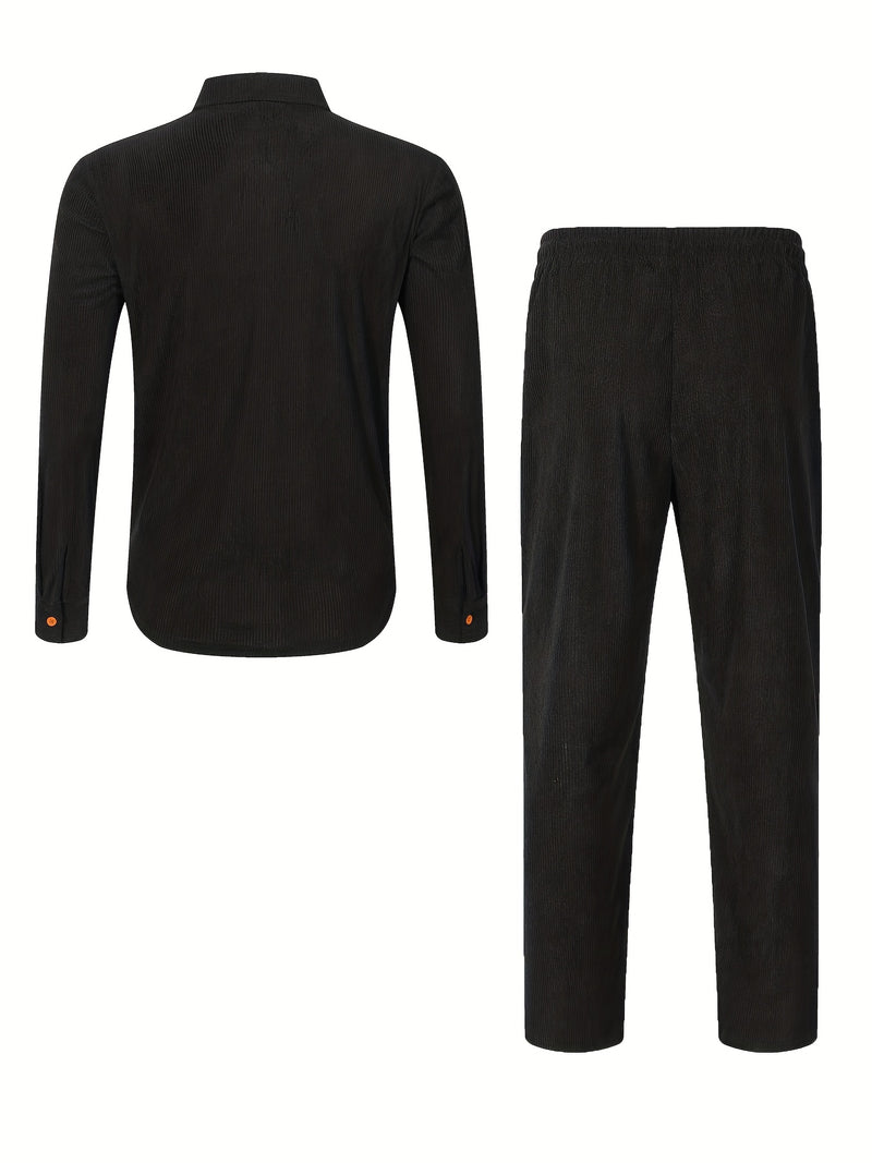 Men'S Casual Two-Piece Set - Olive Green Corduroy  Shirt & Pants.