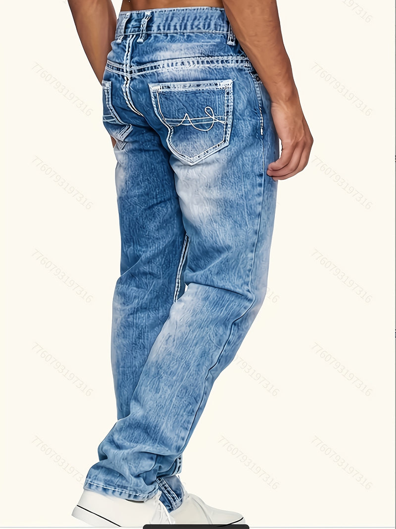 Men's Back Pocket Snowflake and Horse Hoof Stitching Heavy-duty Denim Jeans.