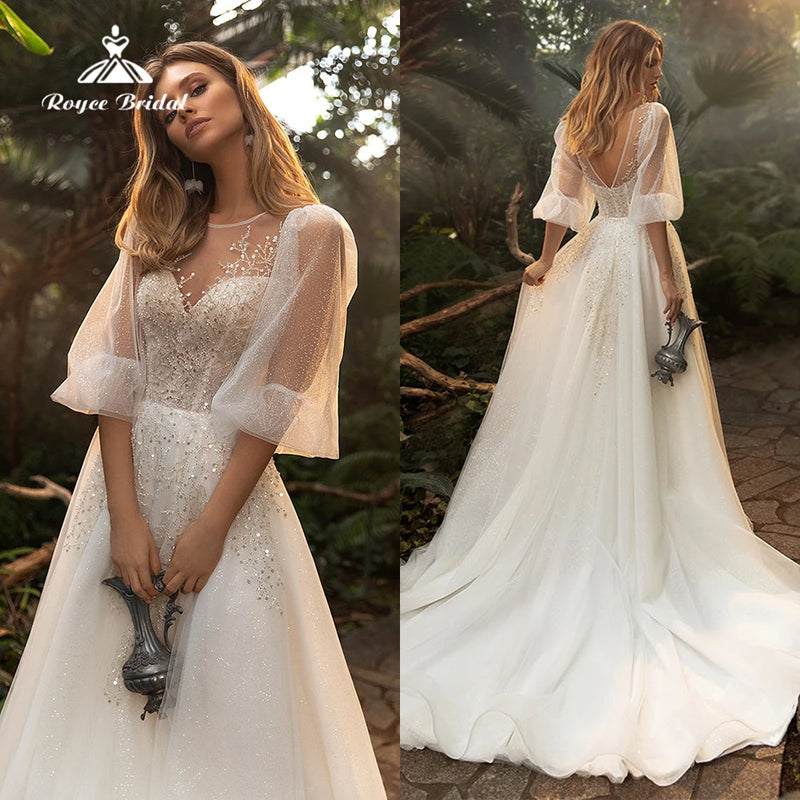 Boho O Neck Short Puff Sleeve Lace Tulle A Line Wedding Dress For Women.