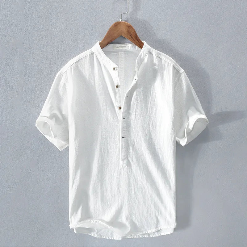 Loose Oversized Cotton Linen Short-sleeved Men's T-shirt Collar Buckled.