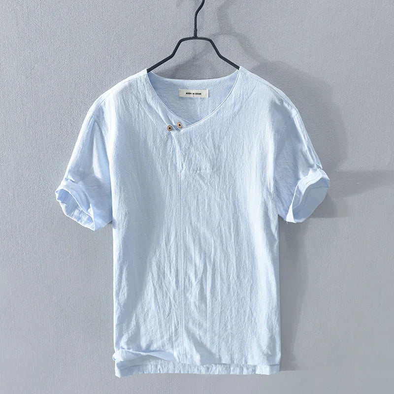 Loose Oversized Cotton Linen Short-sleeved Men's T-shirt Collar Buckled.