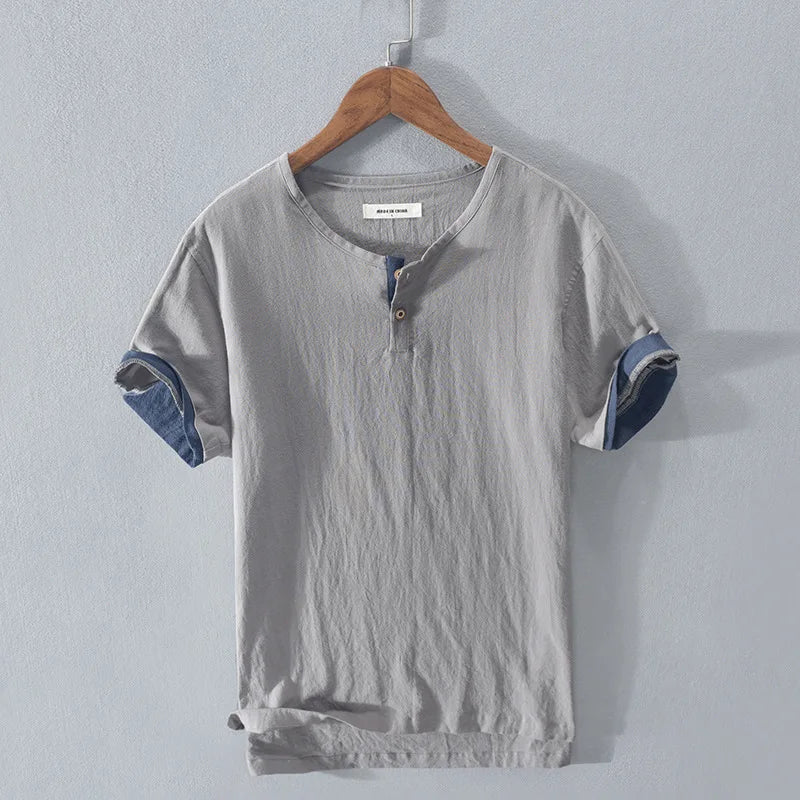 Loose Oversized Cotton Linen Short-sleeved Men's T-shirt Collar Buckled.