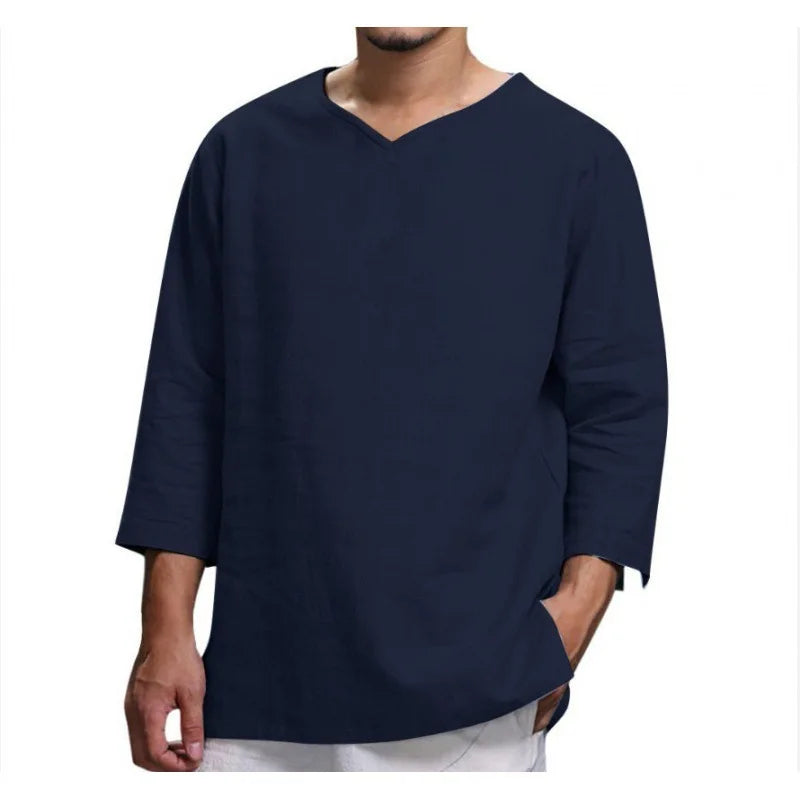 Loose Oversized Cotton Linen Short-sleeved Men's T-shirt Collar Buckled.