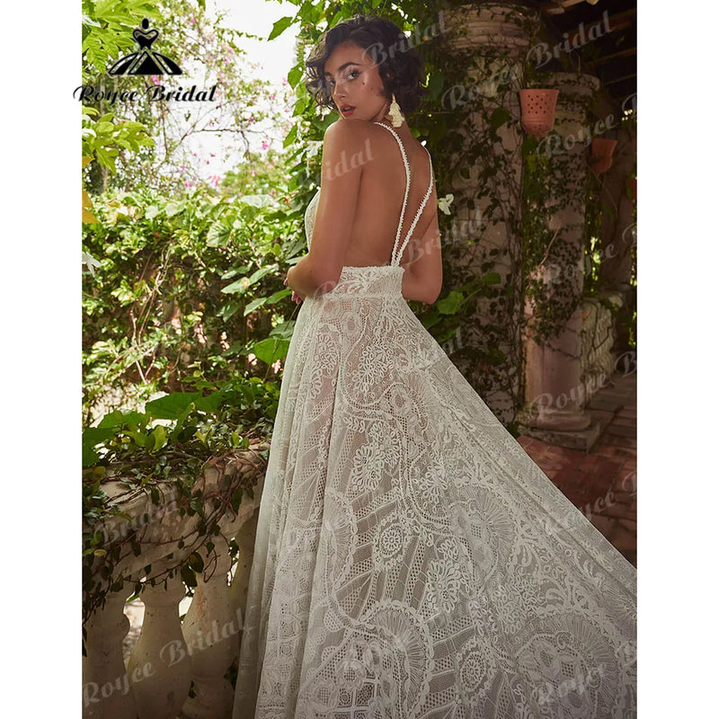 Robe Civil Sexy Bridal Beach Bohemian Lace Women Wedding Dress.