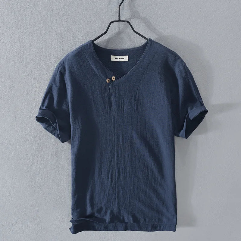Loose Oversized Cotton Linen Short-sleeved Men's T-shirt Collar Buckled.