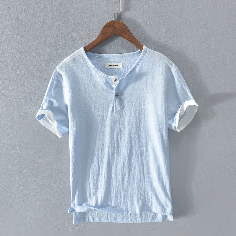Loose Oversized Cotton Linen Short-sleeved Men's T-shirt Collar Buckled.