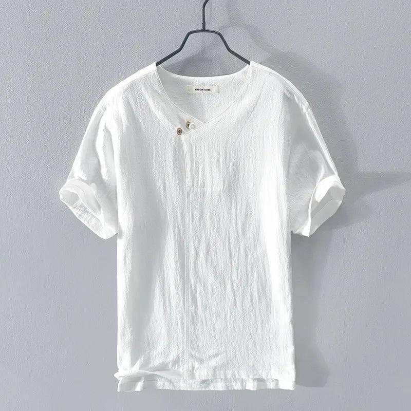 Loose Oversized Cotton Linen Short-sleeved Men's T-shirt Collar Buckled.