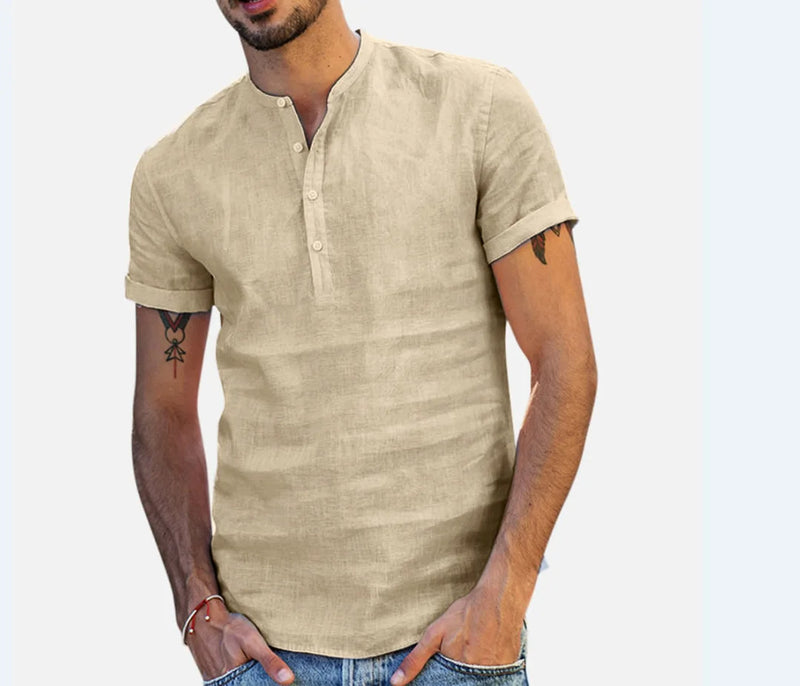 Loose Oversized Cotton Linen Short-sleeved Men's T-shirt Collar Buckled.