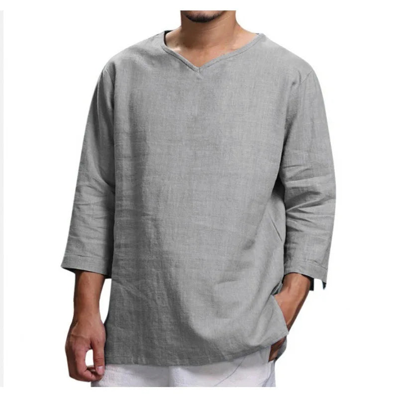 Loose Oversized Cotton Linen Short-sleeved Men's T-shirt Collar Buckled.