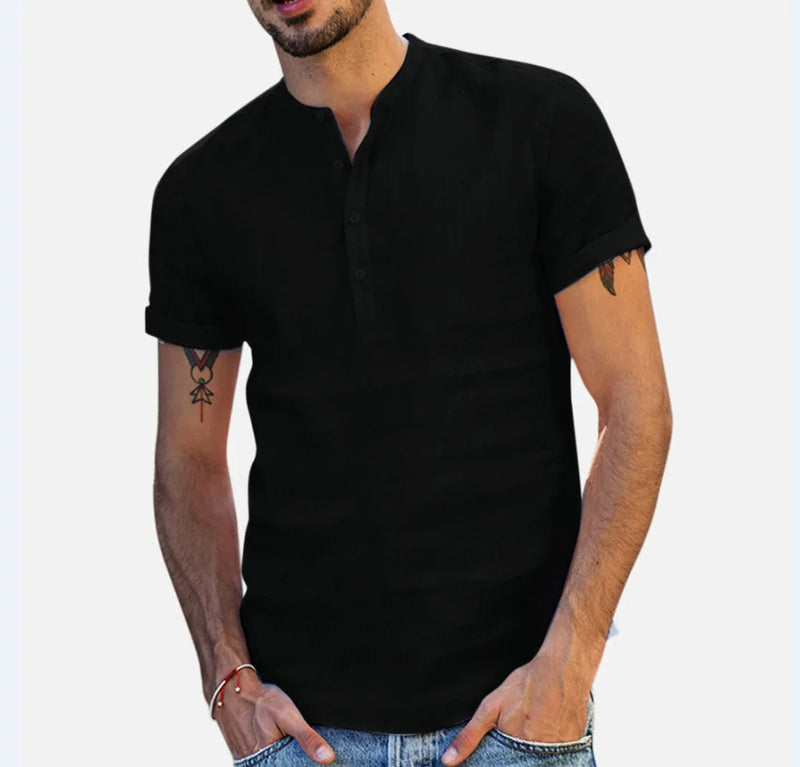 Loose Oversized Cotton Linen Short-sleeved Men's T-shirt Collar Buckled.