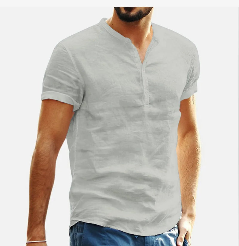 Loose Oversized Cotton Linen Short-sleeved Men's T-shirt Collar Buckled.