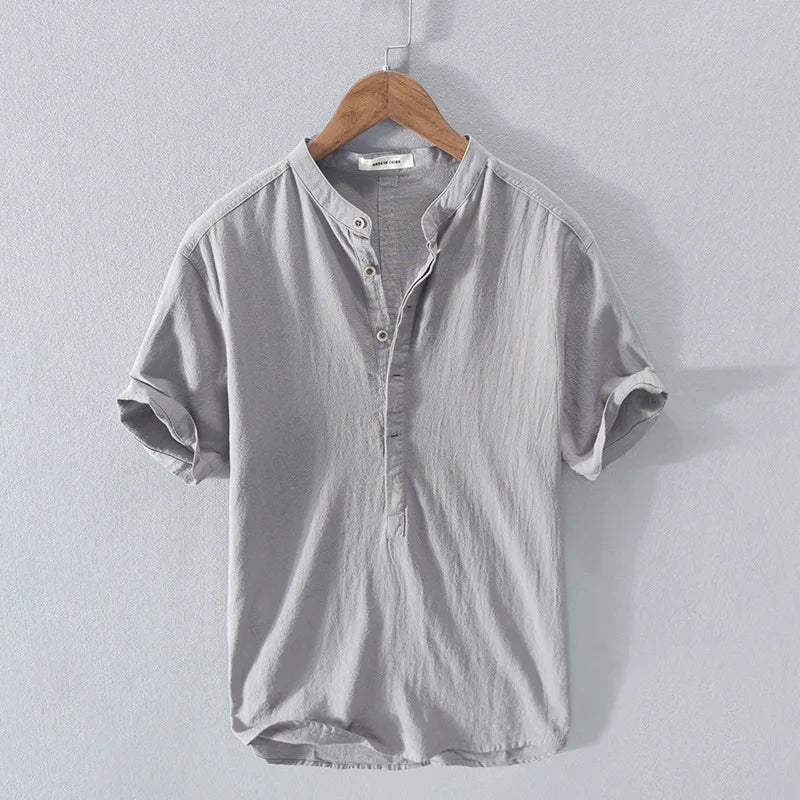 Loose Oversized Cotton Linen Short-sleeved Men's T-shirt Collar Buckled.