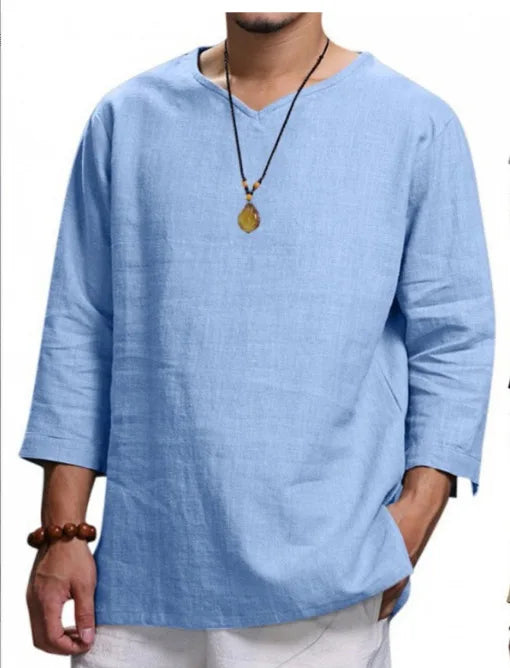 Loose Oversized Cotton Linen Short-sleeved Men's T-shirt Collar Buckled.