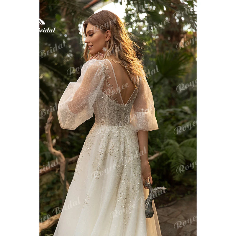 Boho O Neck Short Puff Sleeve Lace Tulle A Line Wedding Dress For Women.