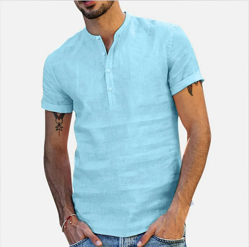Loose Oversized Cotton Linen Short-sleeved Men's T-shirt Collar Buckled.