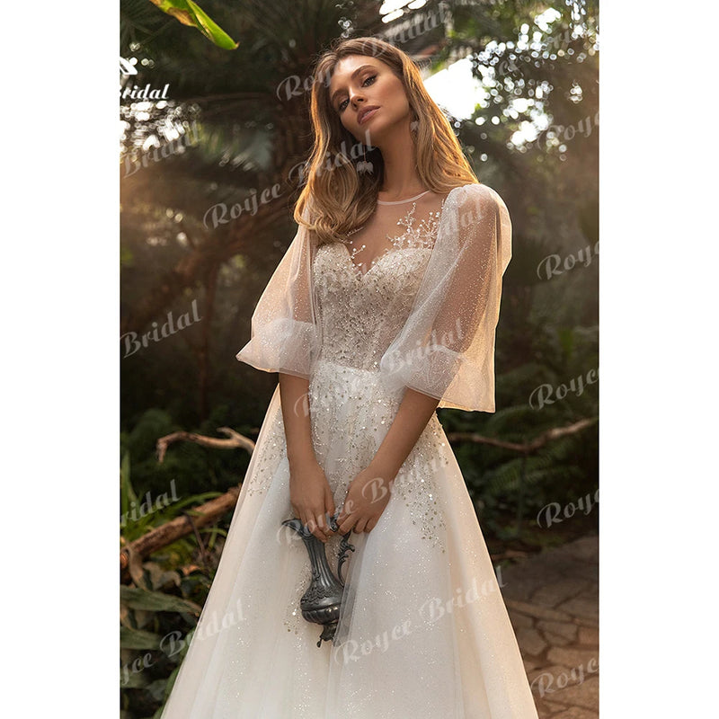 Boho O Neck Short Puff Sleeve Lace Tulle A Line Wedding Dress For Women.