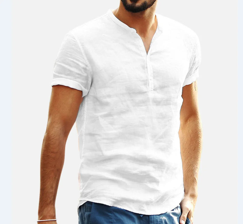 Loose Oversized Cotton Linen Short-sleeved Men's T-shirt Collar Buckled.