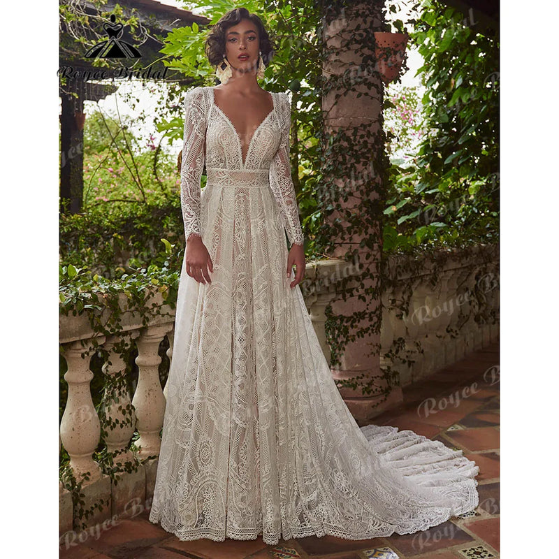 Robe Civil Sexy Bridal Beach Bohemian Lace Women Wedding Dress.