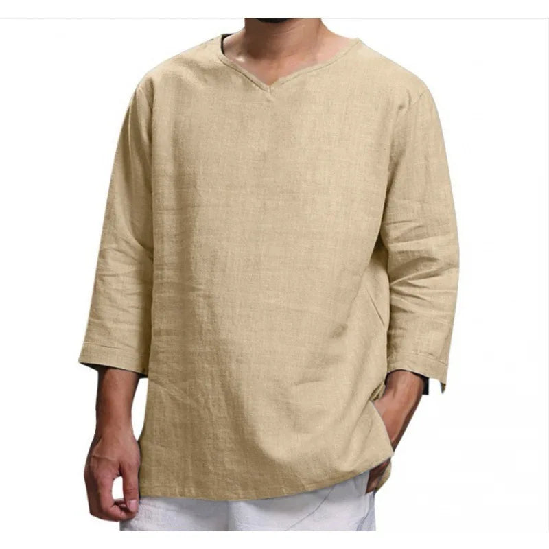 Loose Oversized Cotton Linen Short-sleeved Men's T-shirt Collar Buckled.