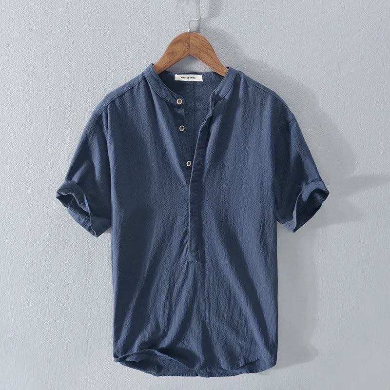 Loose Oversized Cotton Linen Short-sleeved Men's T-shirt Collar Buckled.