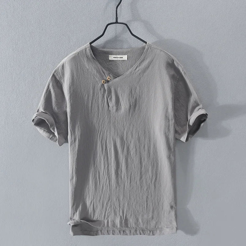 Loose Oversized Cotton Linen Short-sleeved Men's T-shirt Collar Buckled.