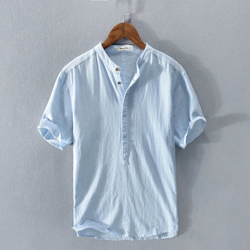 Loose Oversized Cotton Linen Short-sleeved Men's T-shirt Collar Buckled.