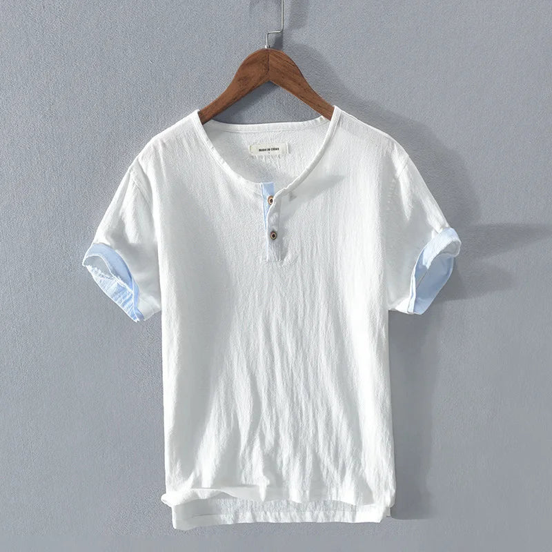 Loose Oversized Cotton Linen Short-sleeved Men's T-shirt Collar Buckled.