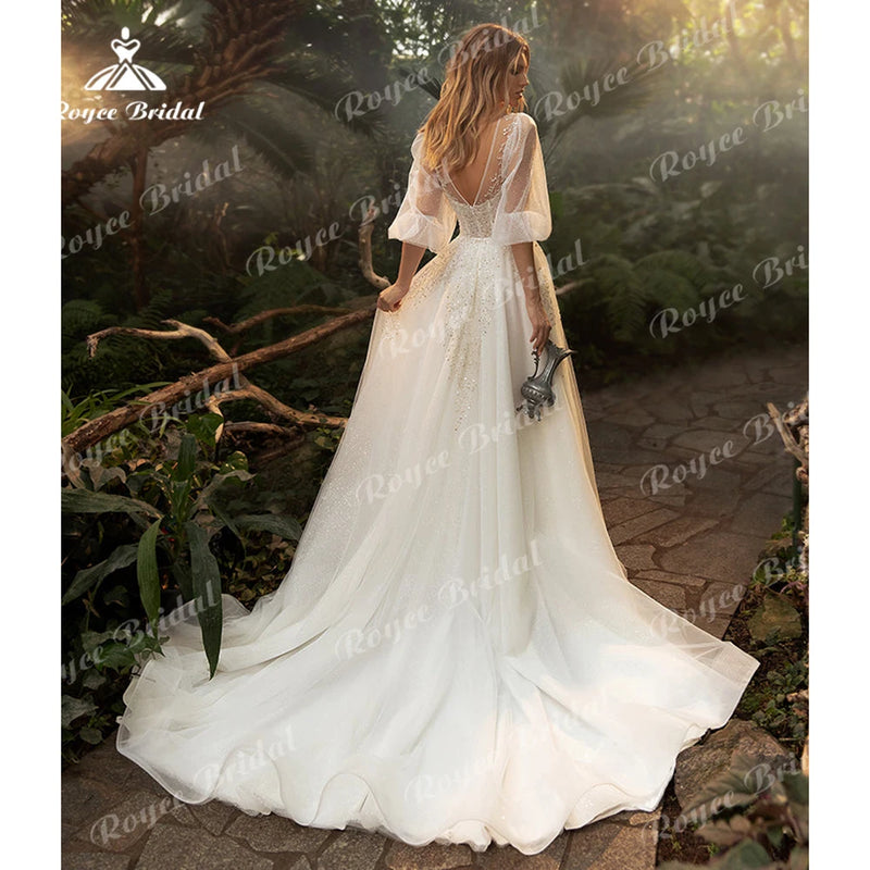 Boho O Neck Short Puff Sleeve Lace Tulle A Line Wedding Dress For Women.