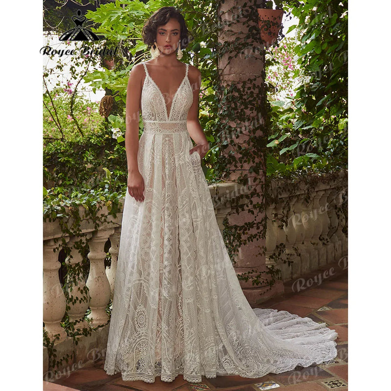 Robe Civil Sexy Bridal Beach Bohemian Lace Women Wedding Dress.