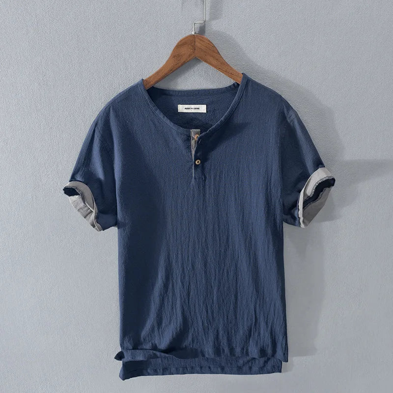 Loose Oversized Cotton Linen Short-sleeved Men's T-shirt Collar Buckled.