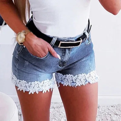 Women Slim Denim Shorts Stretch Lace Stitching Jeans Shorts.