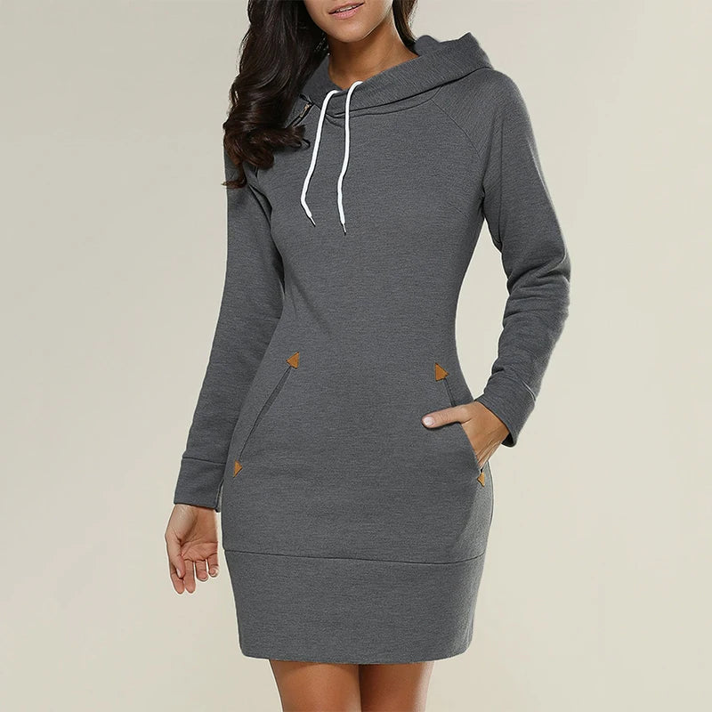 Women‘s Knee-Length Pockets Dress Hooded Warm Sweat Shirt.