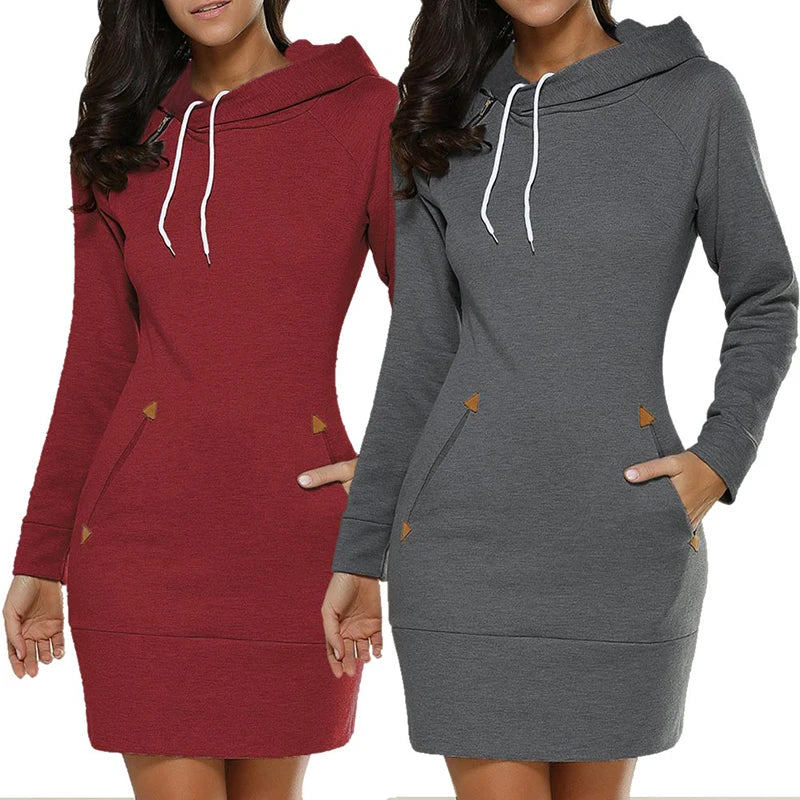 Women‘s Knee-Length Pockets Dress Hooded Warm Sweat Shirt.