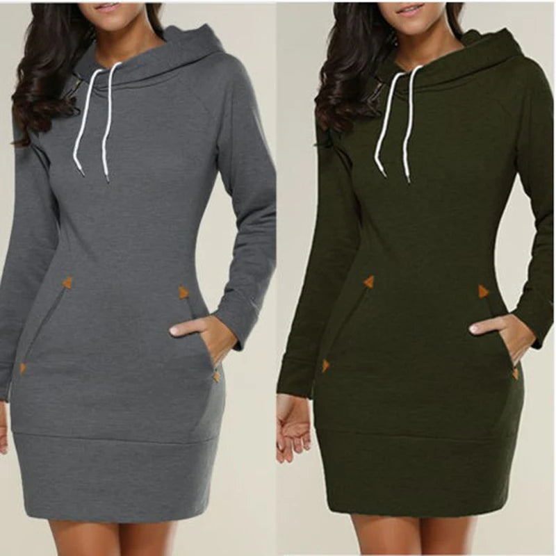Women‘s Knee-Length Pockets Dress Hooded Warm Sweat Shirt.