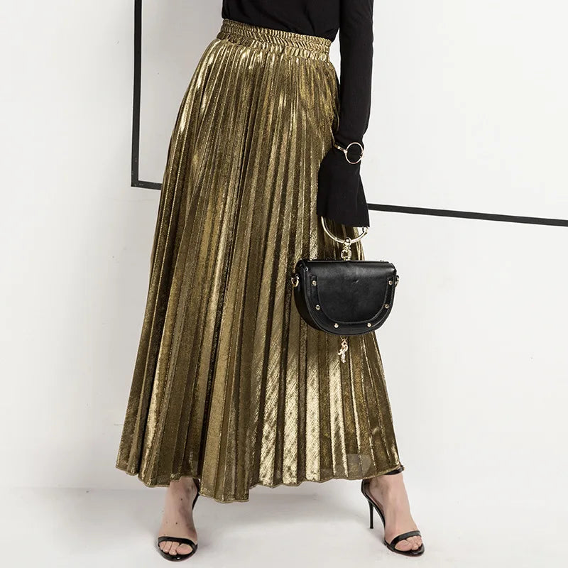 Check Skirt Pleated Maxi Skirt High Waist Harajuku Large Swing Gold Long Skirts For Women.